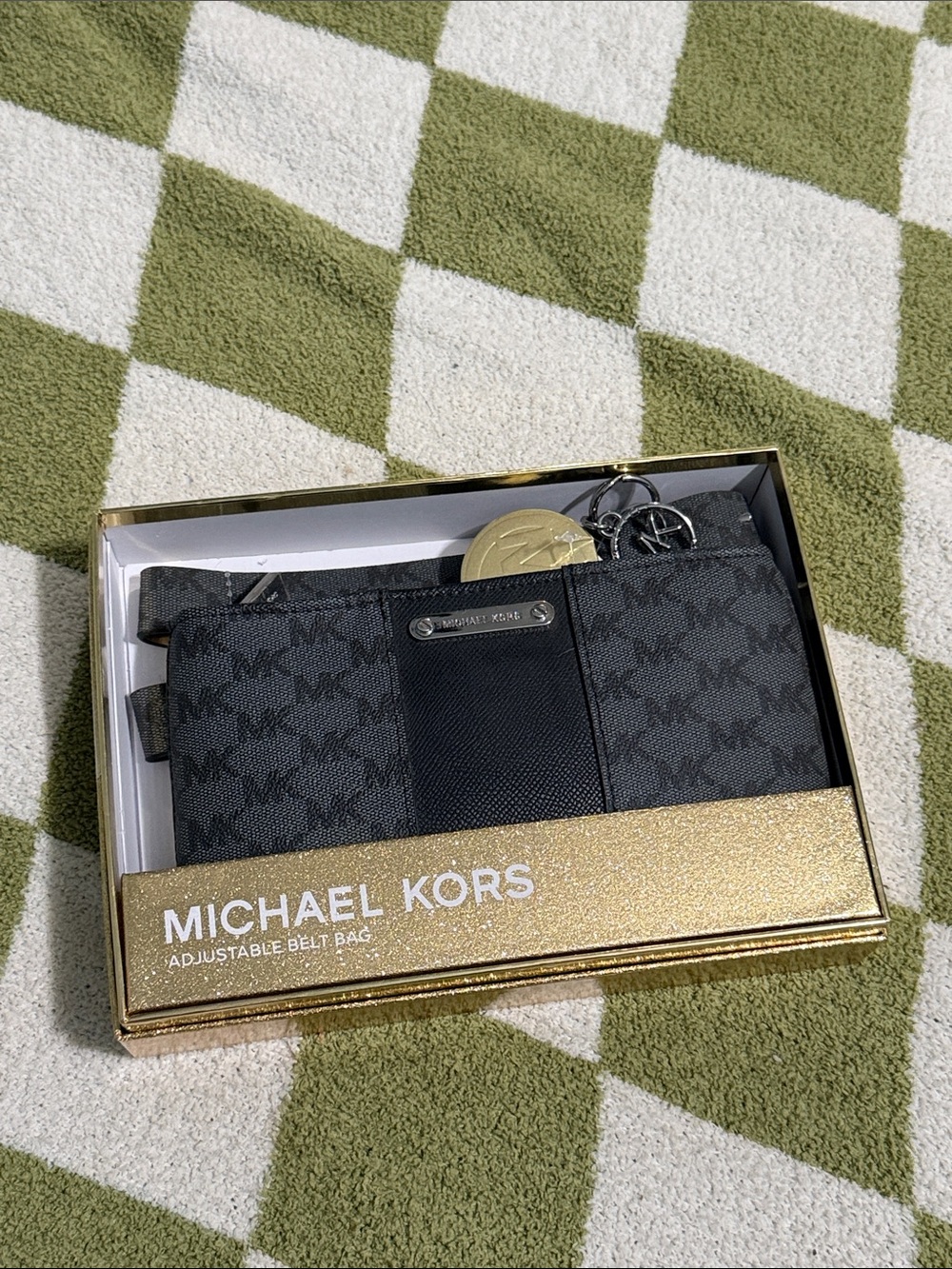 Michael Kors Gray/Black Signature MK Belt Bag with Gold Accents